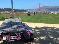 Picnic tables with british bunting at the Presidio