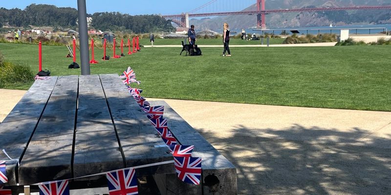 Picnic tables with british bunting at the Presidio
